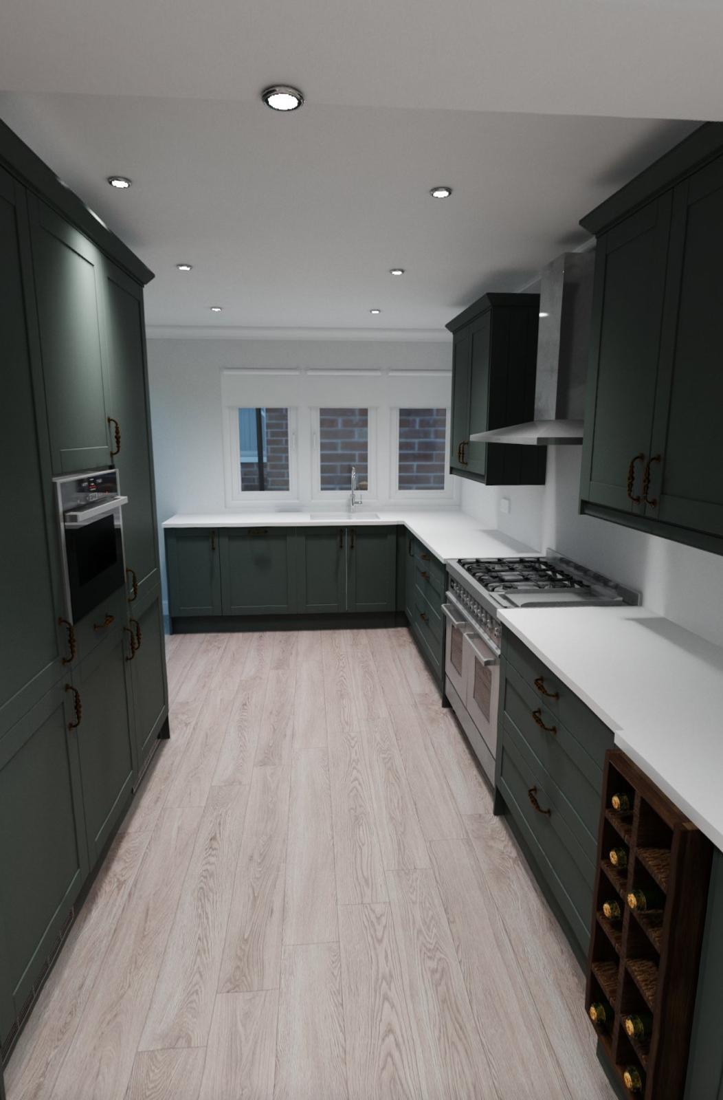 Modular kitchen with cabinets, countertops and wooden flooring