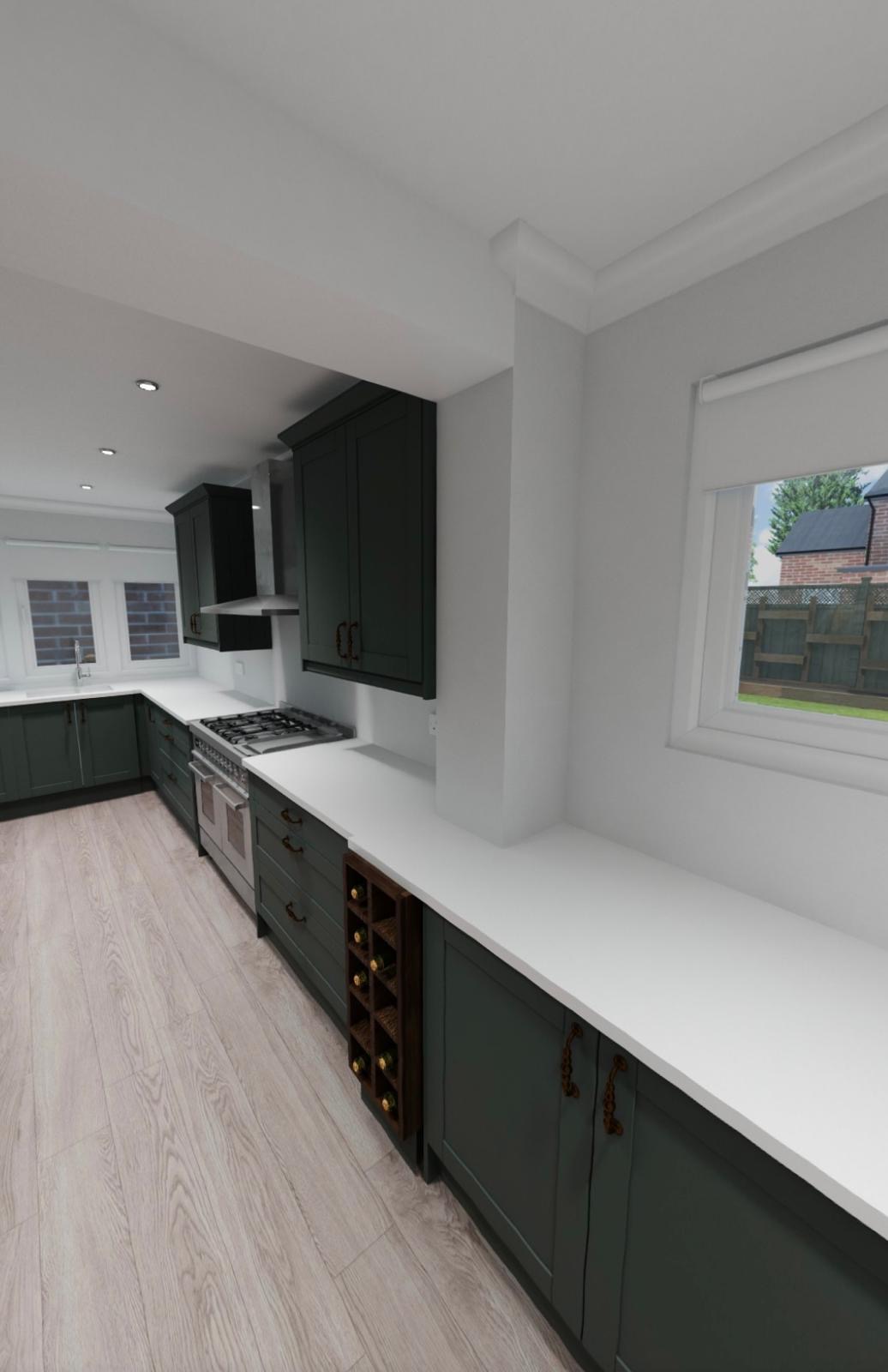 Modular kitchen with cabinets, countertops and wooden flooring