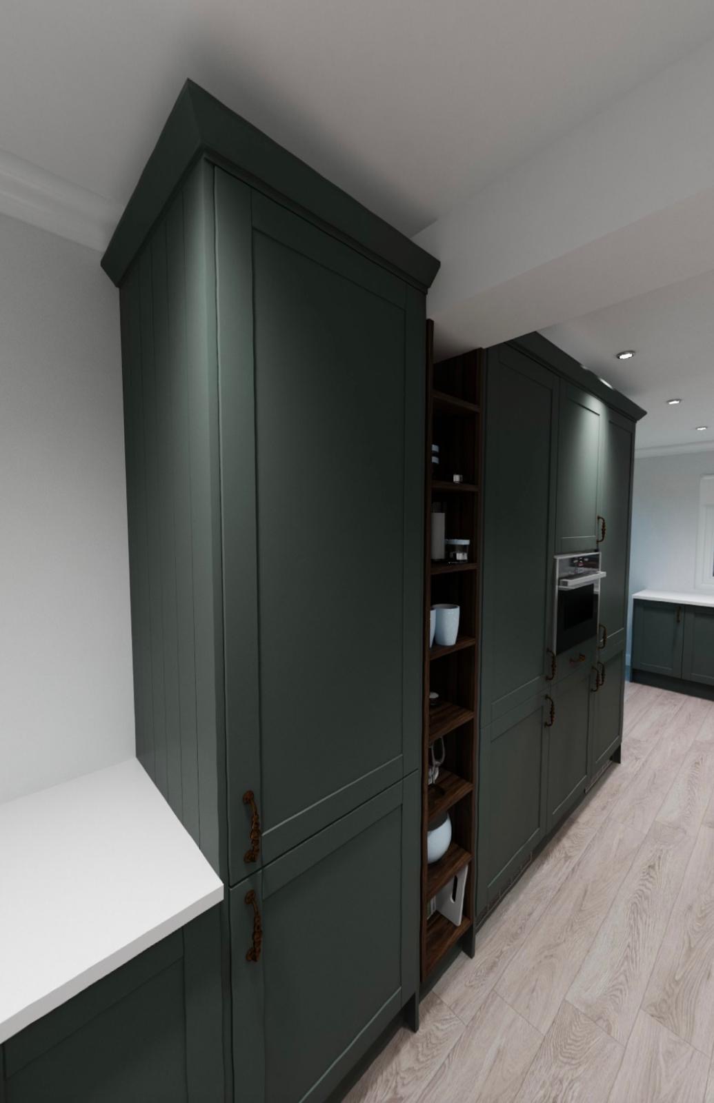 Modular kitchen with cabinets, countertops and wooden flooring